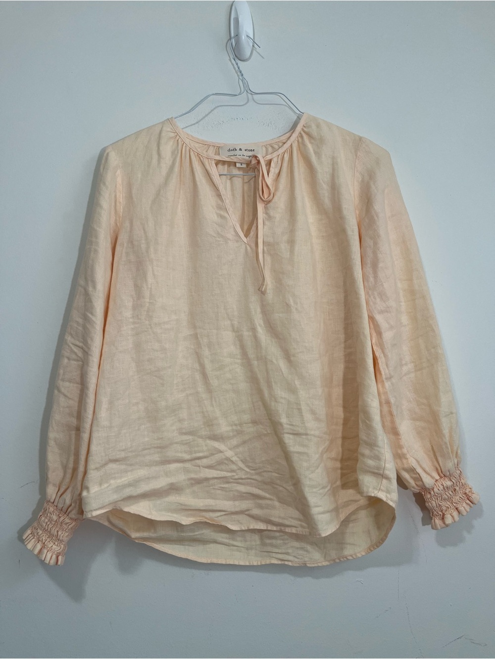 Cloth & Stone Peach 100% Linen Top Blouse Bishop Sleeve Tie Neck Sz S Relax Fit
